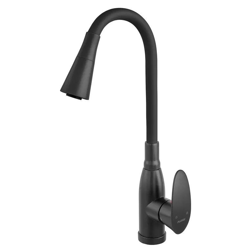 Змішувач для кухні PLAMIX CEZAR-011-B SET MATTE BLACK REFL.BLACK з силіконовим виливом (з підведенням) (Колір матовий чорний+силіконовий вилив чорний) (PM0719)