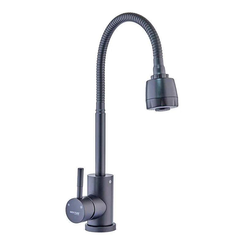 Змішувач для кухні MIXXUS SOK-011 BLACK REFLECTOR з гнучким виливом з нерж. сталі SUS304 (Колір нерж+вилив чорний) (MI6016)