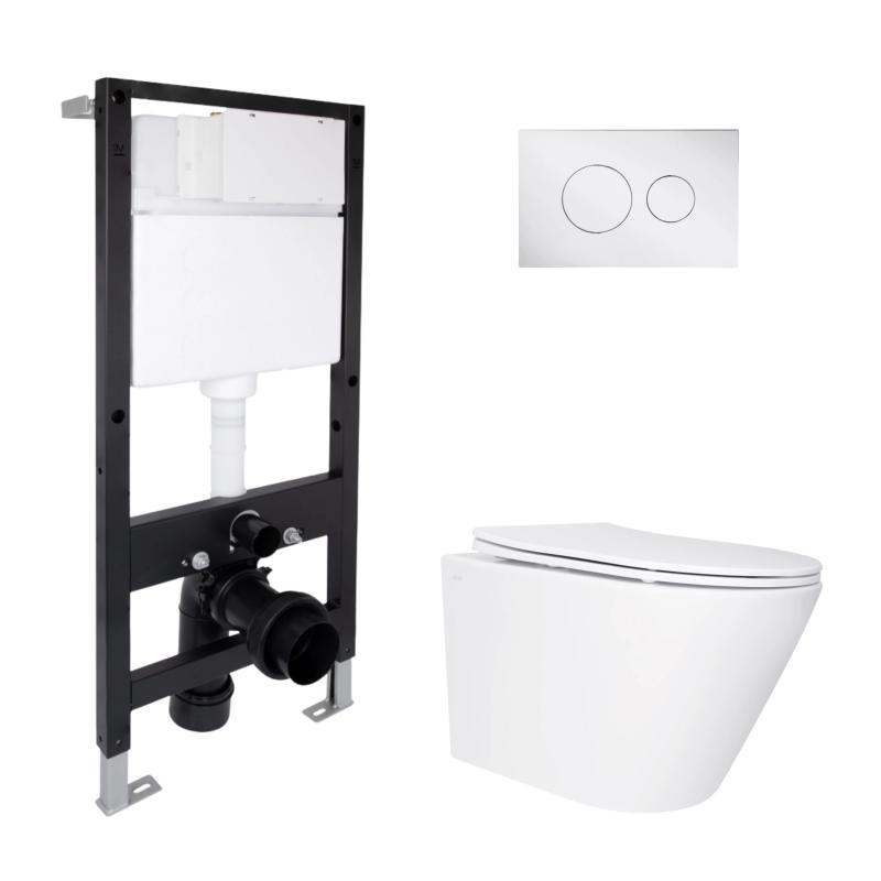 Готове рішення Qtap для ванної кімнати: підвісний унітаз Swan Ultra Quiet 520x360x320 + комплект інсталяції Standard (кругла клавіша Chrome)